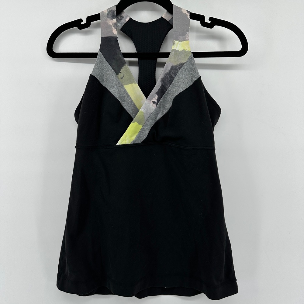 Lululemon Black Racerback Tank Top Abstract V-Neck Shelf Bra Yoga Gym Sport
